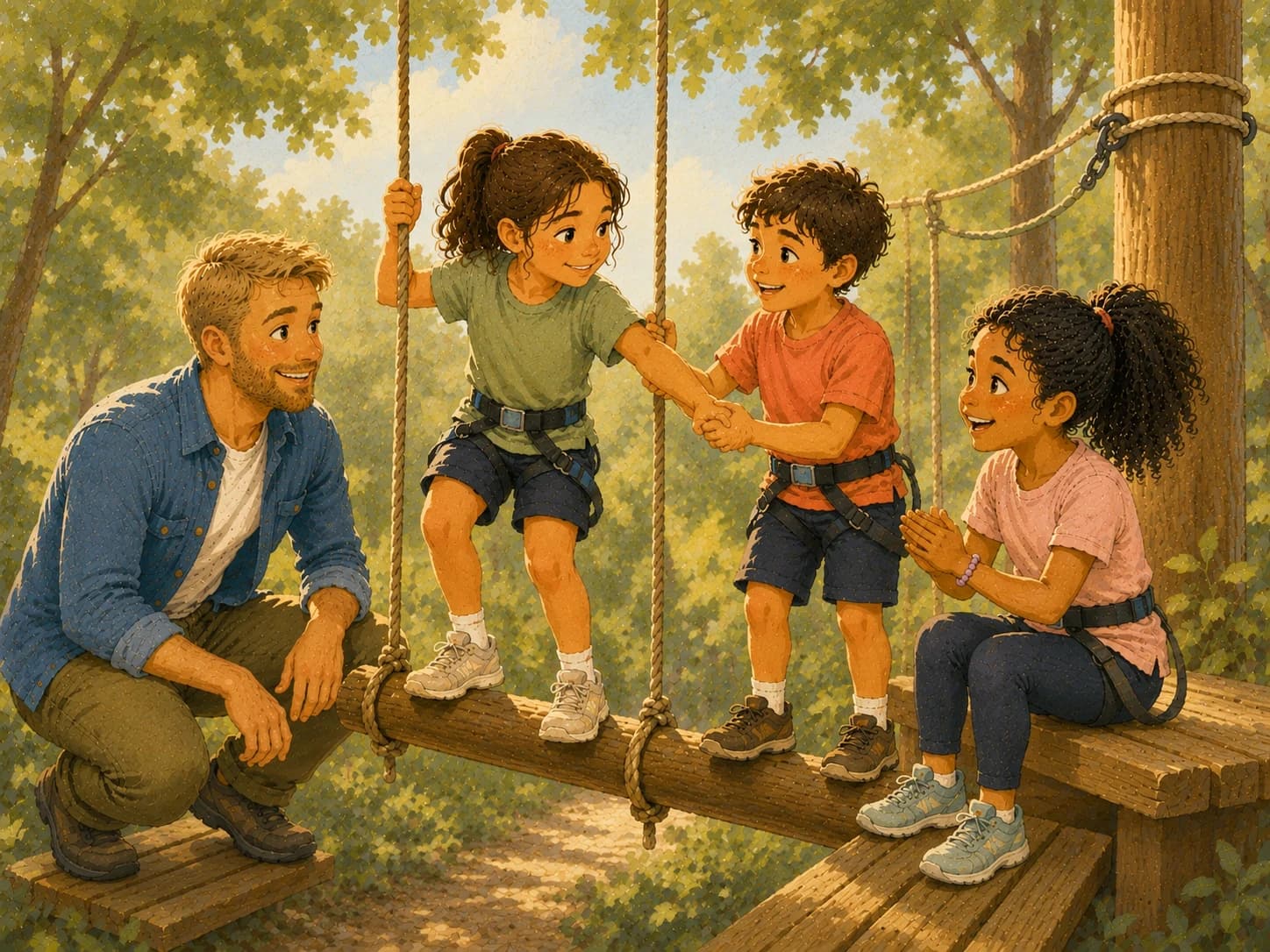 An illustration of an occupational therapist supporting three young children as they complete a junior high ropes course together, encouraging one another and building confidence, friendship, and independence through outdoor adventure.