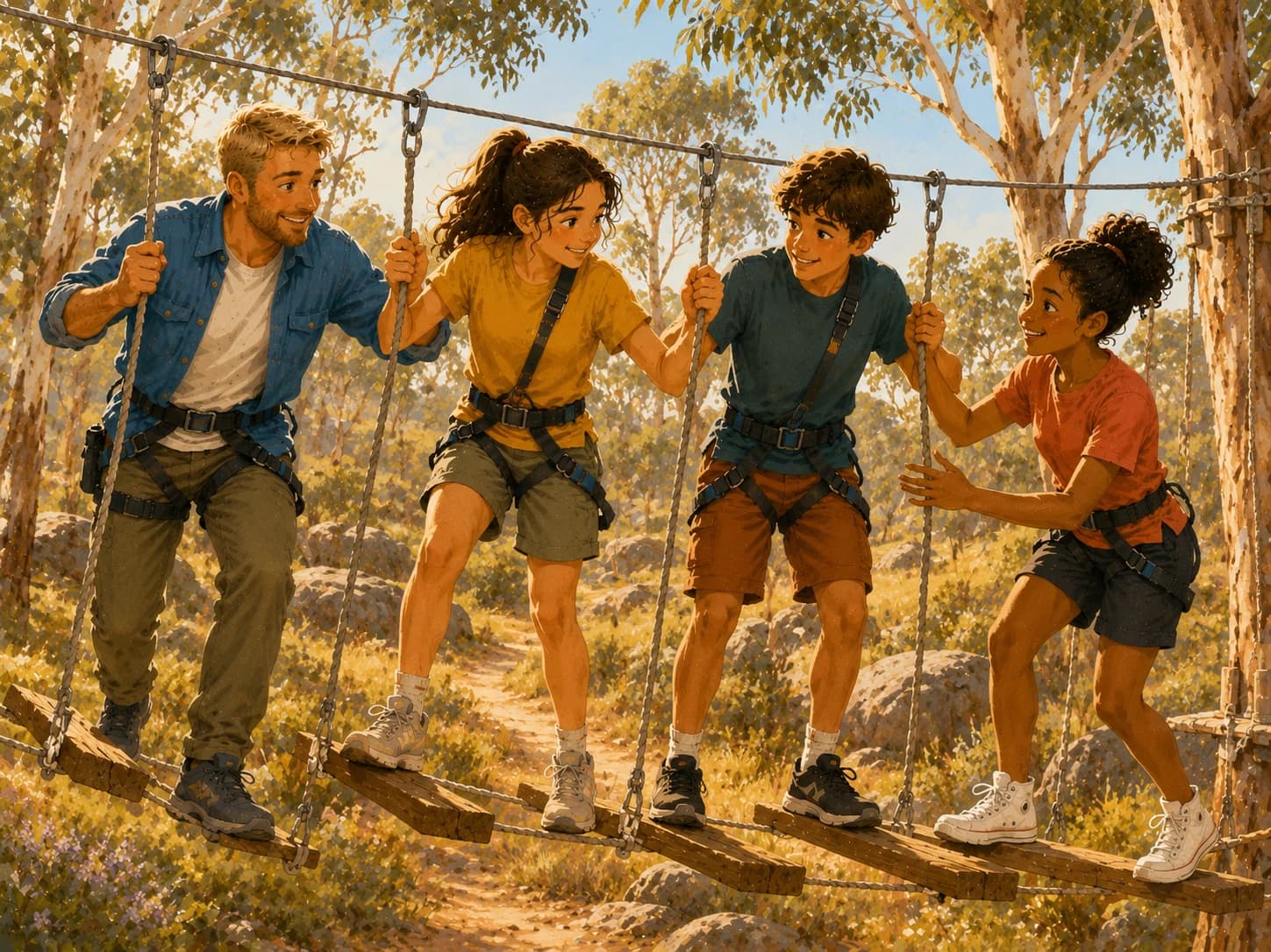 An illustration of an occupational therapist and three teenagers completing a high ropes course together in a forest, encouraging one another as they build confidence, teamwork, resilience, and problem-solving skills through a shared outdoor adventure.
