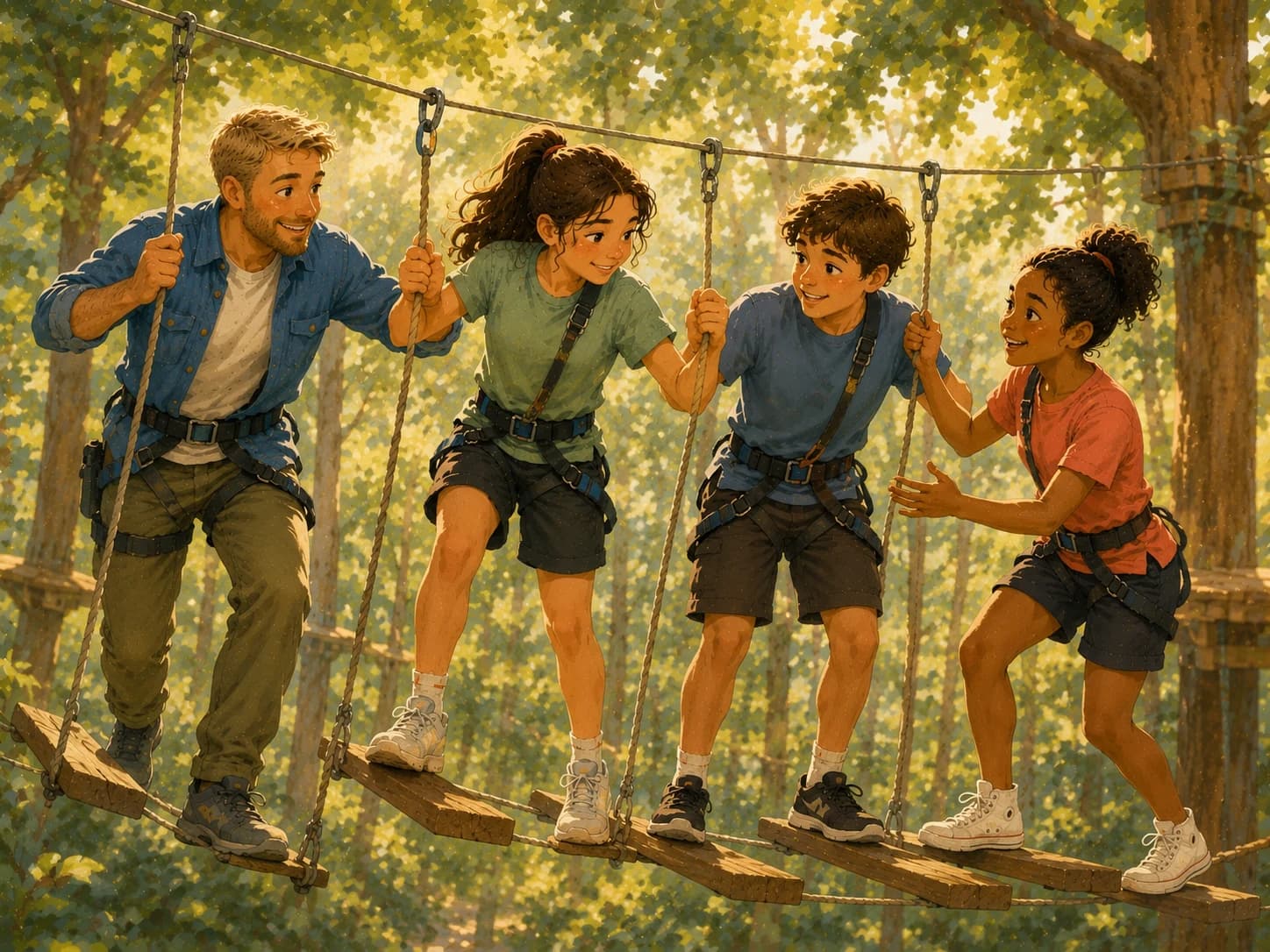 An illustration of an occupational therapist and three teenagers completing a high ropes course together in a forest, encouraging one another as they build confidence, teamwork, resilience, and problem-solving skills through a shared outdoor adventure.