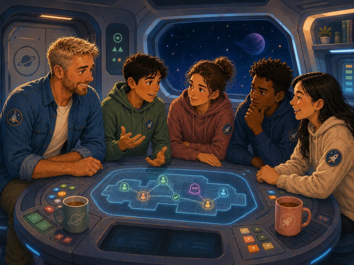An illustration of an occupational therapist and four children gathered around an interactive table inside a spaceship, collaborating on a mission.