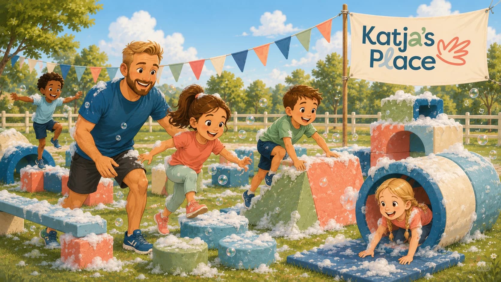 A therapist, assisting children complete an outdoor foamy obstacle course.