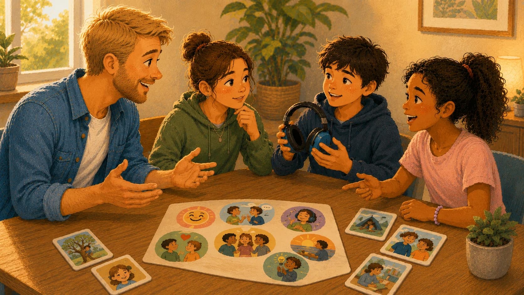 An illustration of an occupational therapist leading a sibling support group, with three children gathered around a table discussing illustrated conversation cards and sensory tools to build understanding, empathy, and connection.