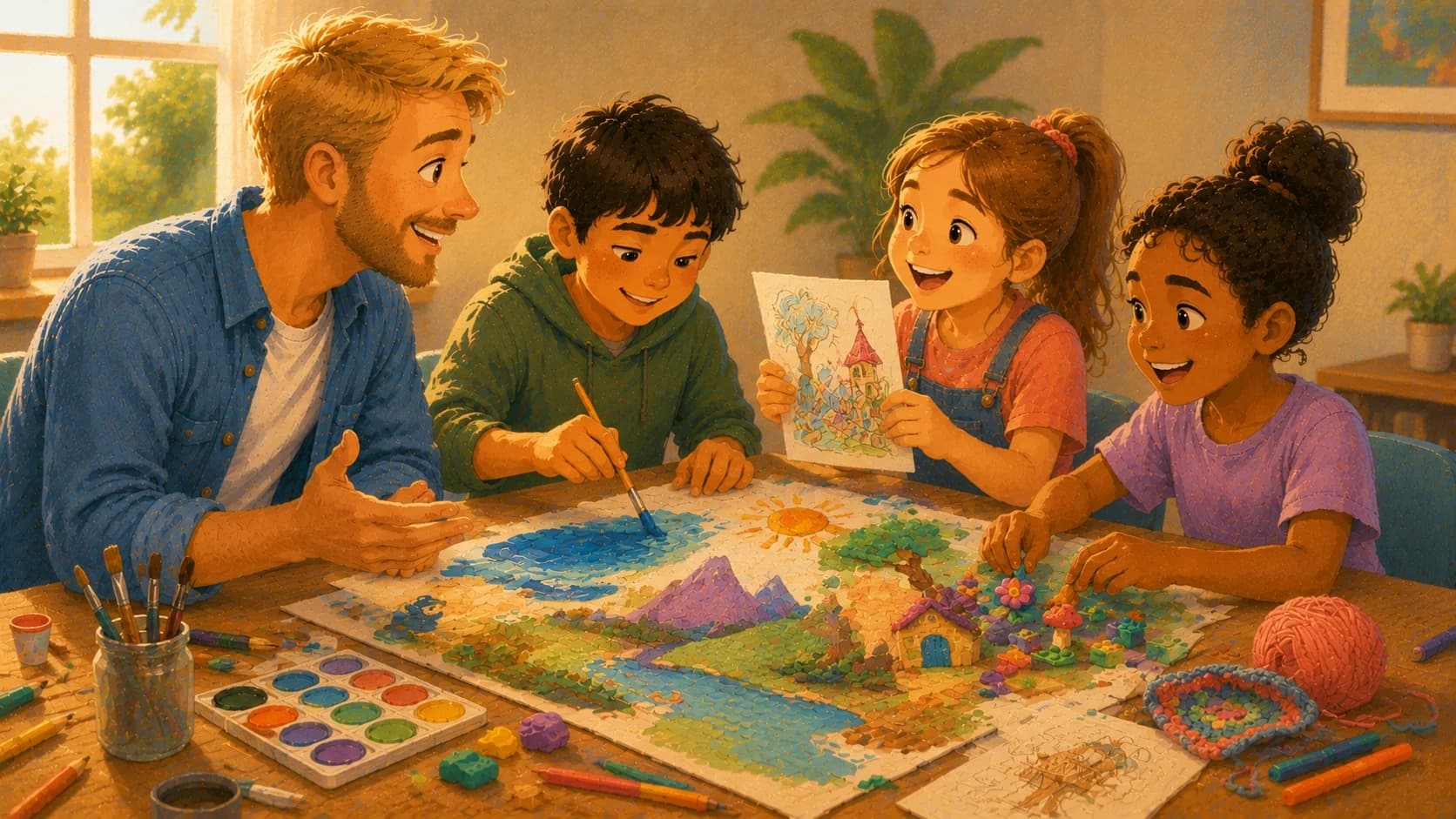 An illustration of an occupational therapist facilitating an arts and crafts group where children collaborate on creative projects to build friendships, confidence, and communication skills.