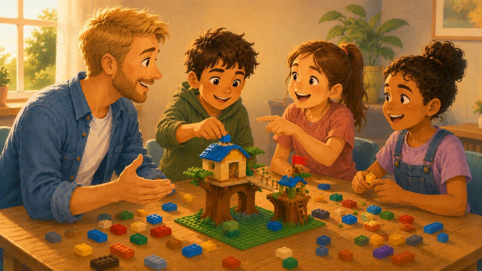 An illustration of an occupational therapist facilitating a collaborative LEGO building activity where three children work together to build communication, teamwork, and problem-solving skills.
