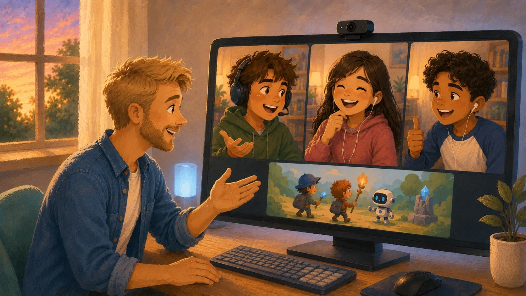 An illustration of an occupational therapist facilitating an online cooperative gaming session where three young people connect, communicate, and build friendships through teamwork.